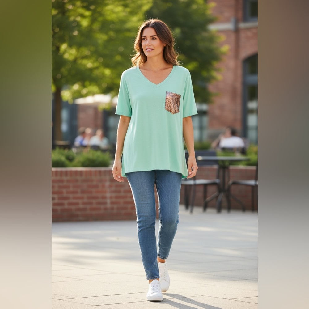 1 clique Mint Green Top with Sequin Pocket